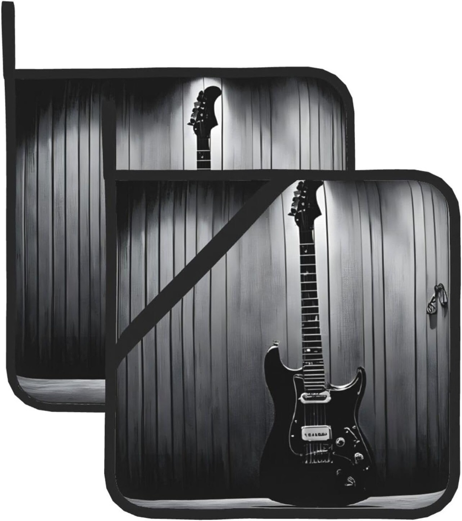 2pcs Pot Holders for Kitchen, Heat Resistant Potholder, Oven Hot Pads for Cooking Baking BBQ (Electric Guitar)