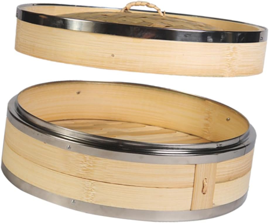 Cabilock 1tier Bamboo Steamer Food Steamer Basket Stainless Steel Banding Buns Kitchen Cookware for Dumplings Steamed Buns