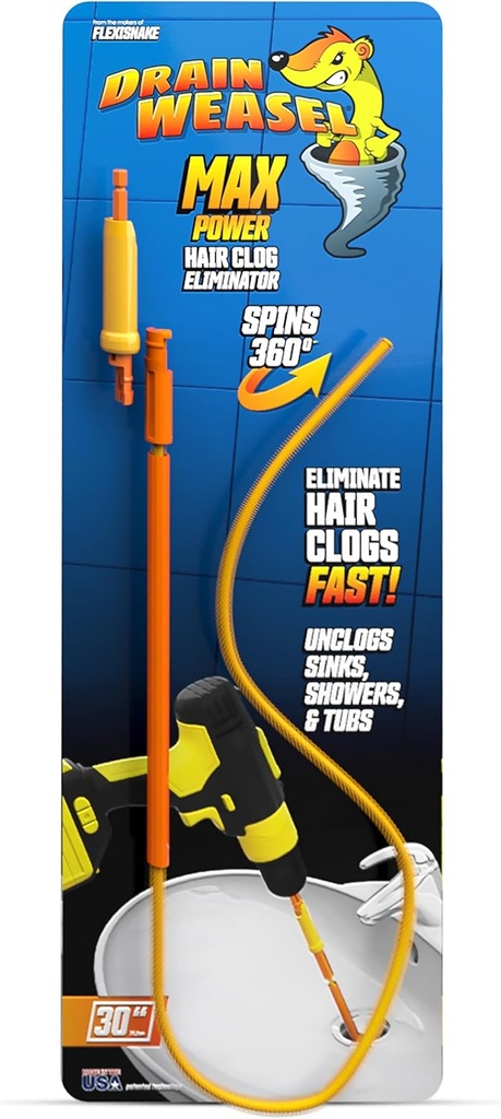 FlexiSnake Drain Weasel MAX Power Sink Snake Hair Clog Remover Tool, Sink, Pipe, Bathroom, Bathtub Drain Cleaner, with Drill Connector, 30-inches Long, Made in The USA