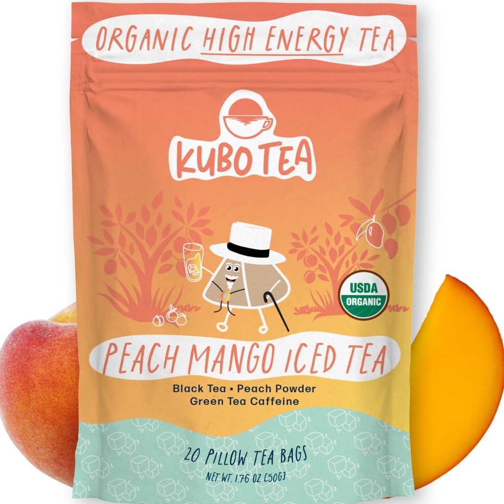 High Caffeine Iced Tea (155 mg) - Kubo Tea: Organic Peach Mango Black Tea Bags for Clean Energy & Focus | Healthy Coffee Substitute | High Energy Iced Blend | 20 Ct | Compostable Packaging