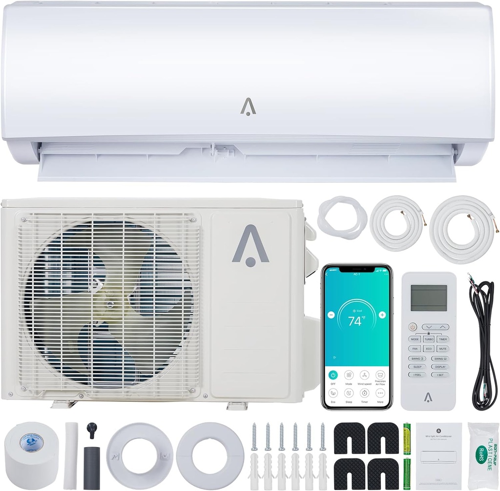 GarveeLife 9000 BTU Mini Split Air Conditioner, 20 SEER2 208-230V Split AC Heating System Cools Up to 450 Sq.Ft, Wifi Enabled Inverter Ductless AC Unit w/Complete Installation Kit