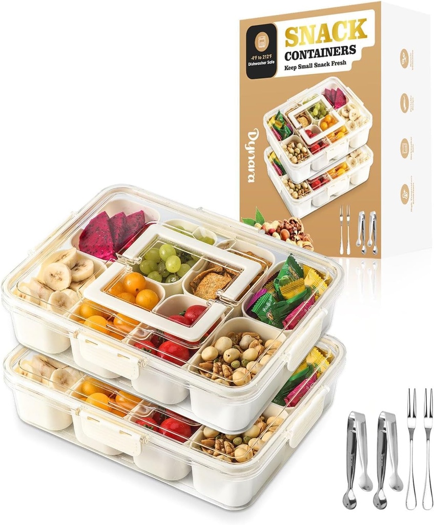 2 Pack Snackle Box Container Dishwasher Safe, German Heat Resistant Material, Divided Trays with Lid & Handle Perfect for Fridge Organization Travel Charcuterie Boards & Portable Snack Platters