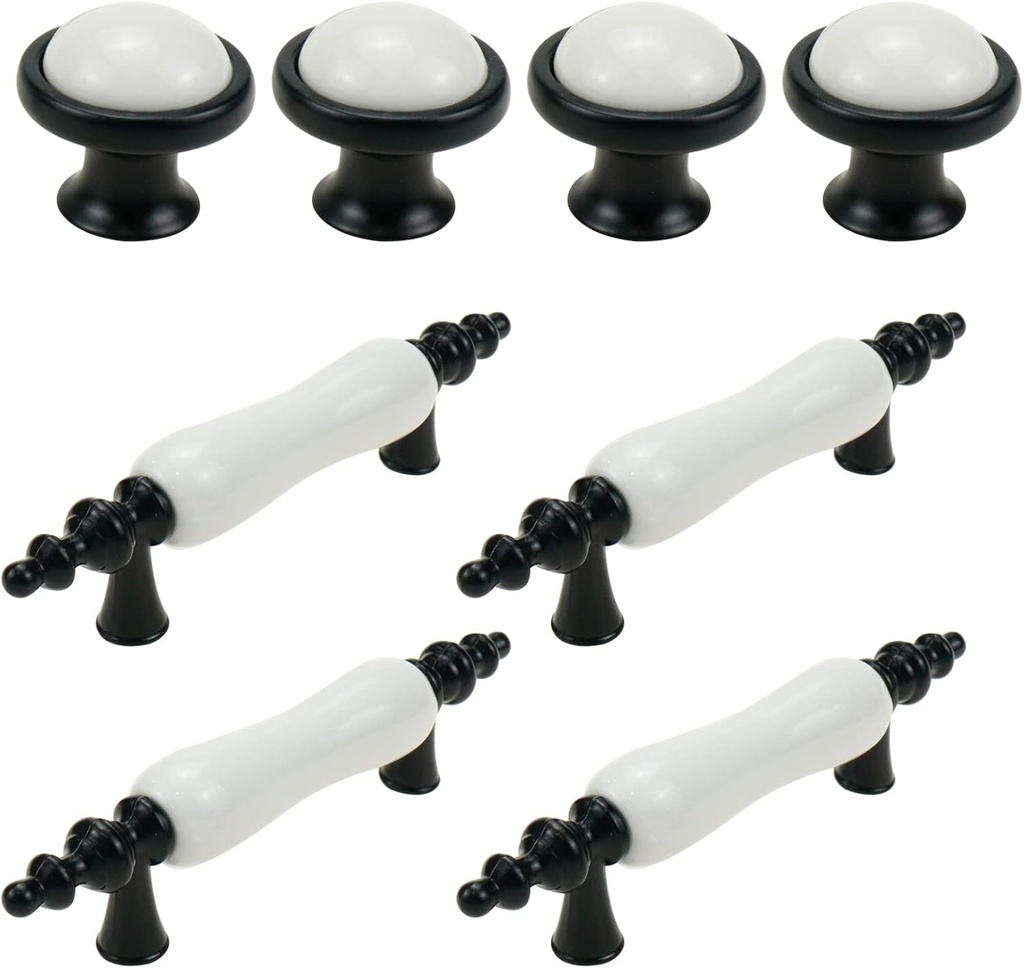 8 Pack Ceramic Drawer Pulls, Black & White Dresser Handles for Kitchen Cabinet & Wardrobe, (4 x 3 Hole Centers + 4 x Single Hole Knobs)