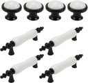 8 Pack Ceramic Drawer Pulls, Black & White Dresser Handles for Kitchen Cabinet & Wardrobe, (4 x 3 Hole Centers + 4 x Single Hole Knobs)