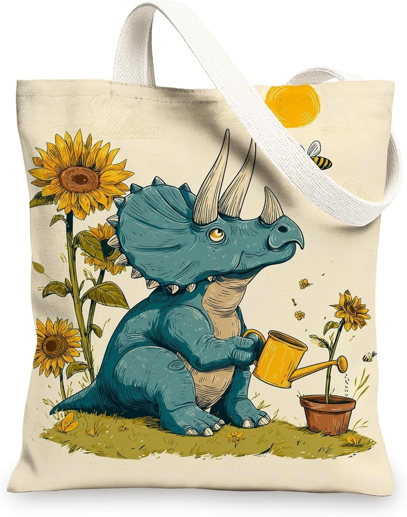 Triceratops Canvas Tote Bags, Cute Dinosaur Floral Design Reusable Grocery Bags, Playful Nature Print Lightweight Washable