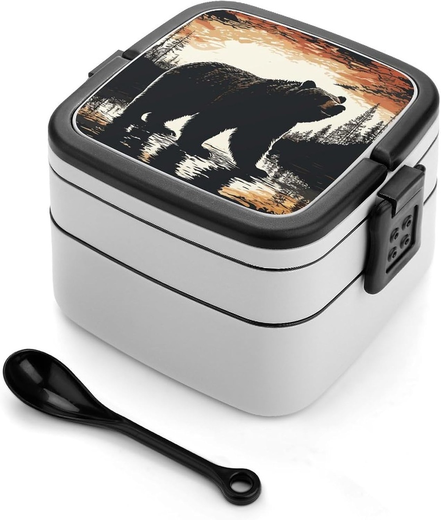 Adult Double-Layer Bento Box Bear Silhouette Portable Lunch Box with Spoon And Invisible Handle Leakproof Microwave-Safe Food Container for Work Travel Camping