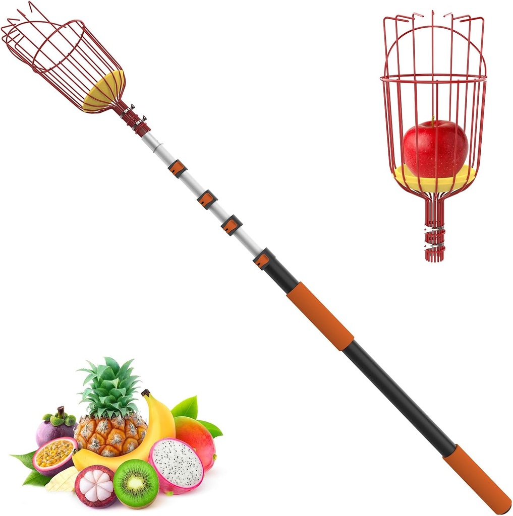 26FT Reach Fruit Picker Pole with Basket Telescoping, Apple Picker with 5-20FT Telescoping Pole for Apple Orange Lemon Mango Avocado Guava Fruit Picking