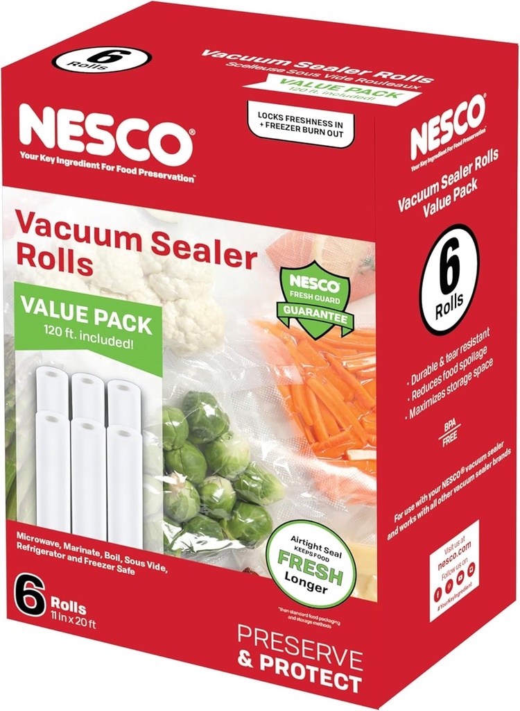 NESCO Vacuum Sealer Bag Rolls – 6 Pack of 11" x 20' BPA-Free Rolls, Freezer, Sous Vide, Microwave, Boil & Dishwasher Safe, Works with Most Vacuum Sealers