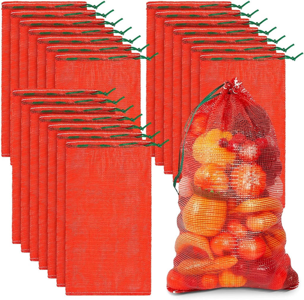 Berlune 50 Pcs Reusable Mesh Bags 18 x 30'' Holds 44 Lbs Onion Fruit Vegetable Seafood Storage Bags for Grocery Packaging Supply Net (Red)