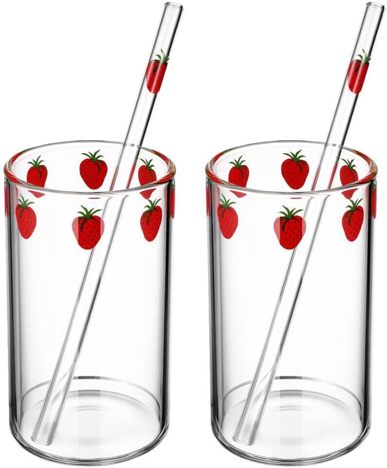 Hemoton 2 Pack Strawberry Tumbler Glass Cups with Straws 4.3Oz Clear Milk Juice Tea Coffee Drinkware Set Reusable