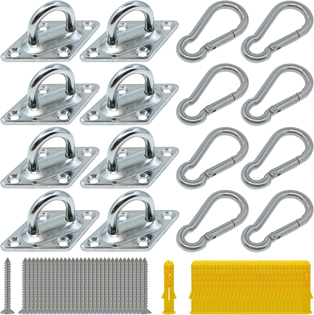 8 Pcs 304 Stainless Steel 2.31 Inches Pad Eye Hooks and 8 Pcs 304 Stainless Steel Snap Hooks,Screw Ceiling Hooks,Outdoors String Lights Hangers,Shade Sail Hardware with Screws Anchors