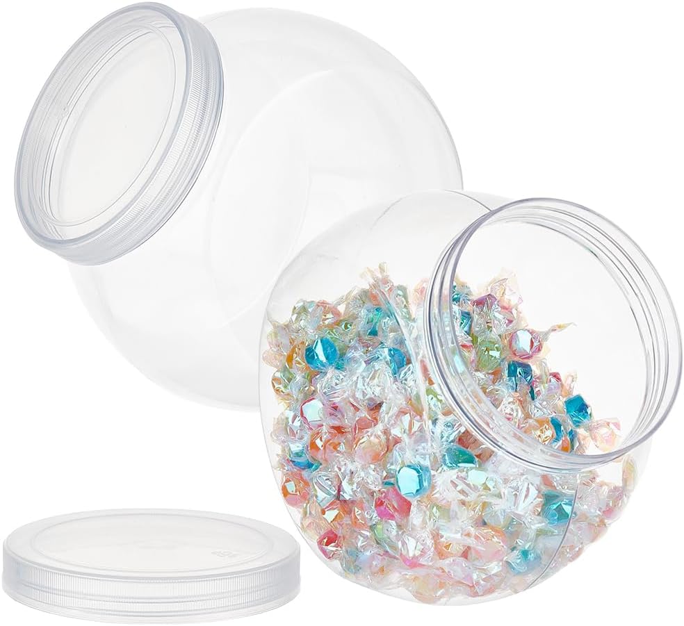 OLYCRAFT 2Pcs Round Plastic Candy Jars 2.1L/74 oz Clear Cookie Containers Plastic Cookie Jars with Lid Clear Candy Containers for Laundry Detergent Kitchen Buffet Snack Display - 4.3x7.1x6.9 Inch