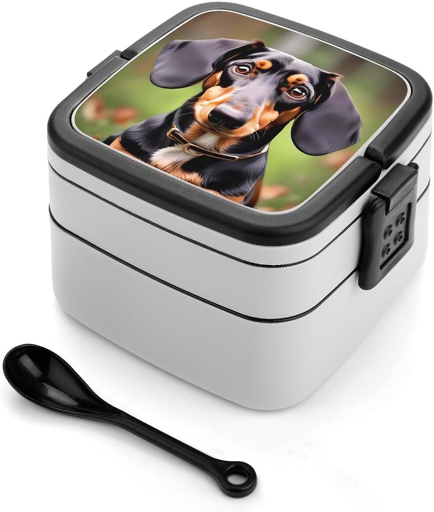 Dachshund Weiner Pet Dogs Bento Box Double-Layer Bento Lunch Container with Spoon And Invisible Handle Adult Leak-Proof Lunchbox for Dining Out Work Picnics Travel