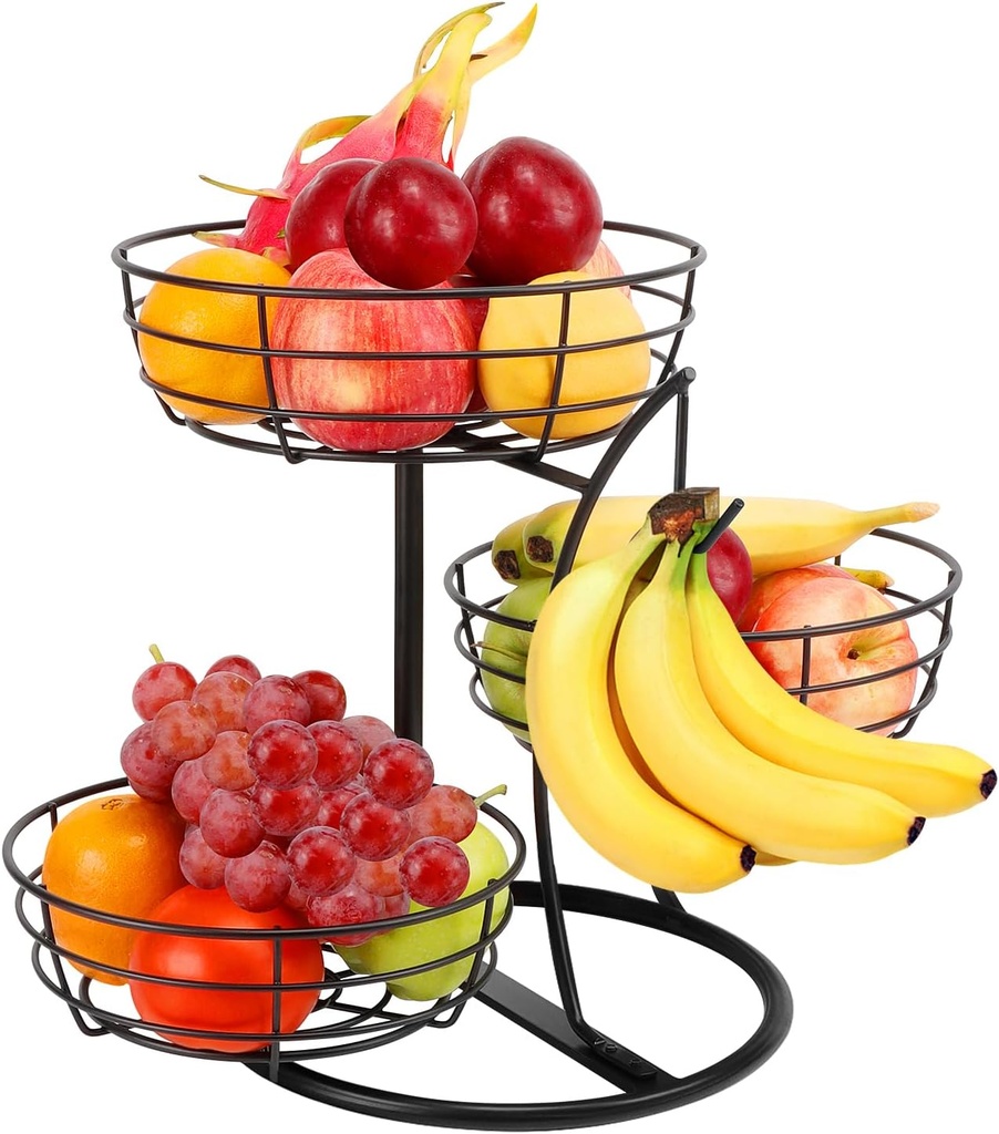 Livabber Fruit Basket Bowl with Banana Hanger, Fruit Vegetable Storage Basket with Banana Tree Holder for Kitchen Counter, Detachable Organizer for Bread Snack Produce (Black, 3-Tier Metal Base)
