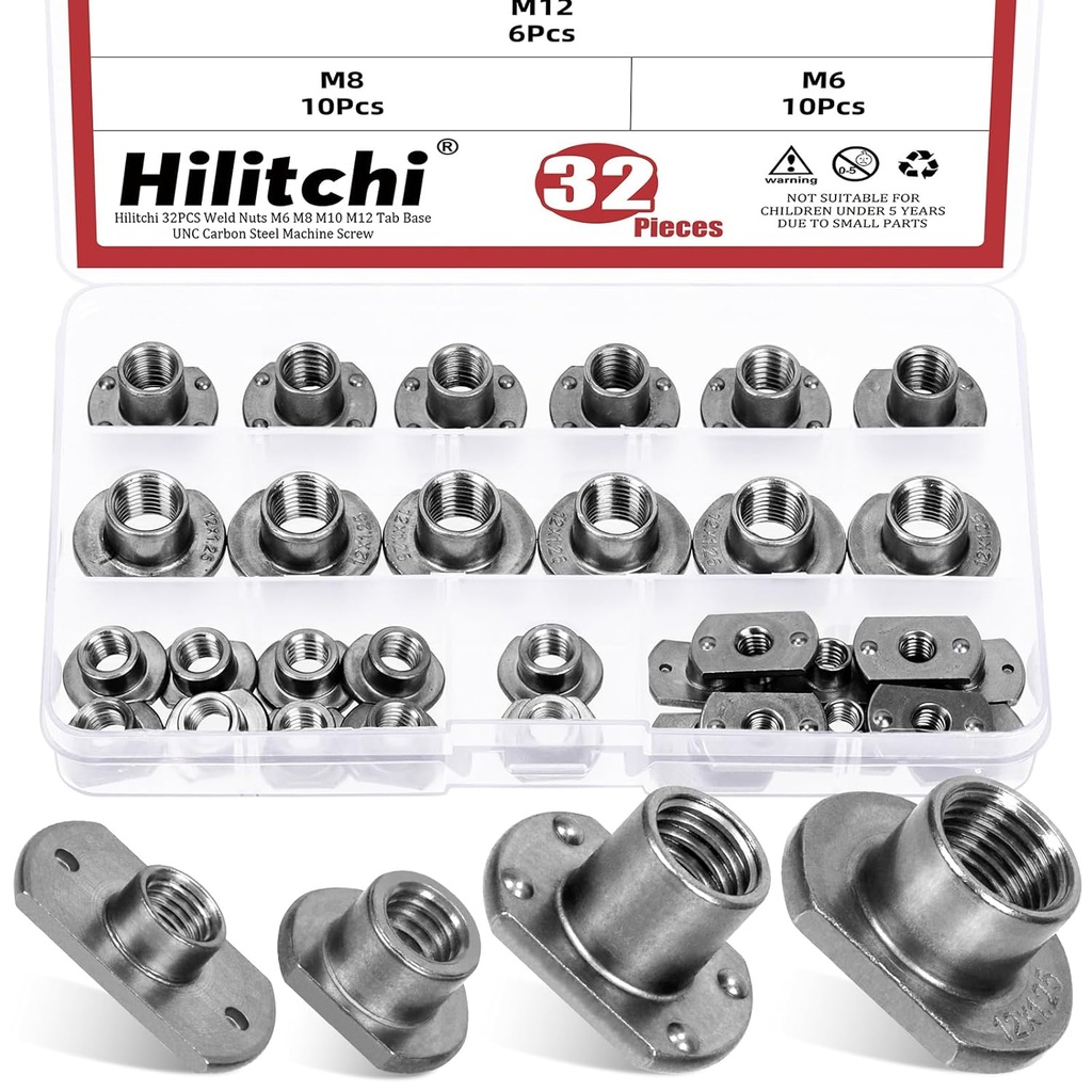 Hilitchi 32Pcs T-Shaped Weld Nuts - M6 M8 M10 M12 Tab Base UNC Carbon Steel Machine Screw With 2 and 4 Projection Base for Furniture, Vehicles, Caster and Industry Machine