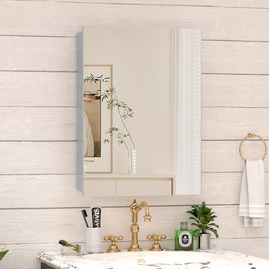 20 x 26 Farmhouse Medicine Cabinet for Bathroom, Silver Bathroom Mirror with Storage, Tempered Glass, Frameless Recessed or Wall Mount Aluminum Medicine Cabinet - Pre-Assembled