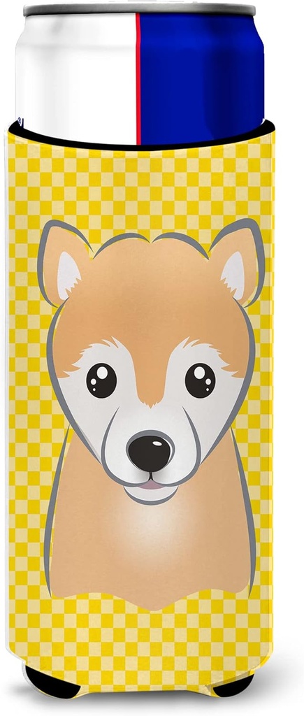 Yellow Checkered Shiba Inu Ultra Beverage Insulators for slim cans
