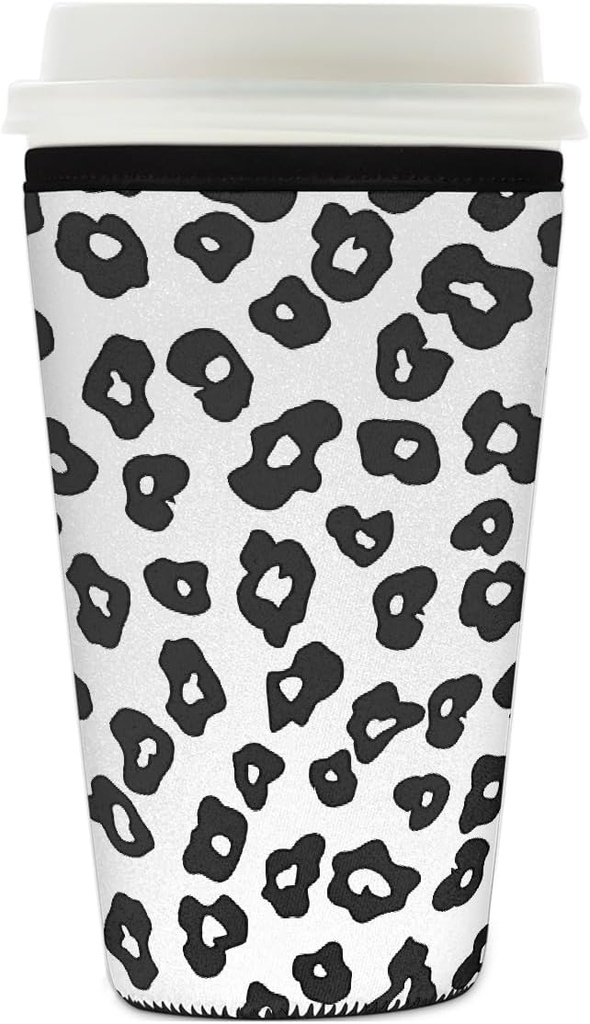 Black White Leopard Skin Print Reusable Iced Coffee Sleeve Neoprene Insulated Drink Holder, Washable Anti-Slip Cold Cup Sleeve for Tumblers Bottles Glasses 26-28oz
