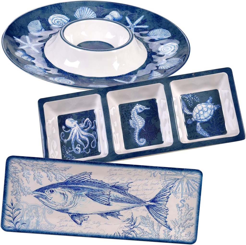 Oceanic 3-Piece Melamine Hostess Set – Includes Chip & Dip Server, 3-Section Relish Tray, and Rectangular Fish Platter – BPA-Free, Break-Resistant, Dishwasher Safe – Perfect for Indoors or Out