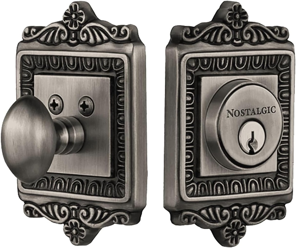 Nostalgic Warehouse 726069 Egg & Dart Plate Single Cylinder Deadbolt Egg & Dart Door Knob in Antique Pewter,