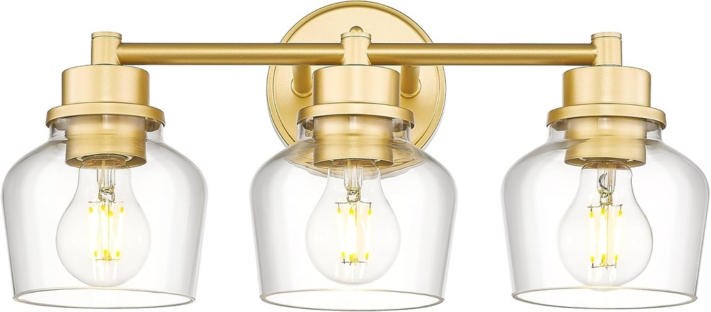 Emak Modern Gold Vanity Lights, Bathroom Lighting Fixtures Over Mirror with Clear Glass Shade, 3-Light Vanity Light for Bathroom, Mirror, Makeup Desk, VL122-GD-CG-3