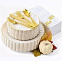 By Madee HIGH END 175 Pc Ivory Scalloped Plastic Plates with Gold Trim | Fancy Disposable Dinnerware Set | Nice Disposable Plates and Cutlery Set w/Cloth Like Napkins for Weddings & Party (25 Guests)