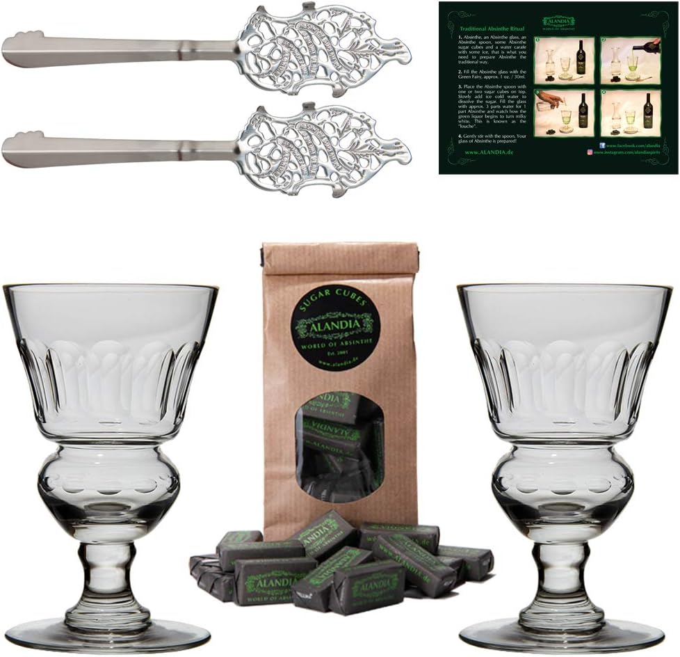 ALANDIA Premium Absinthe Spoons Glasses Set | The Original | 2x Reservoir Glasses | 2x Stainless Steel Spoons | 1x Sugar Cubes | 1x Instructions card