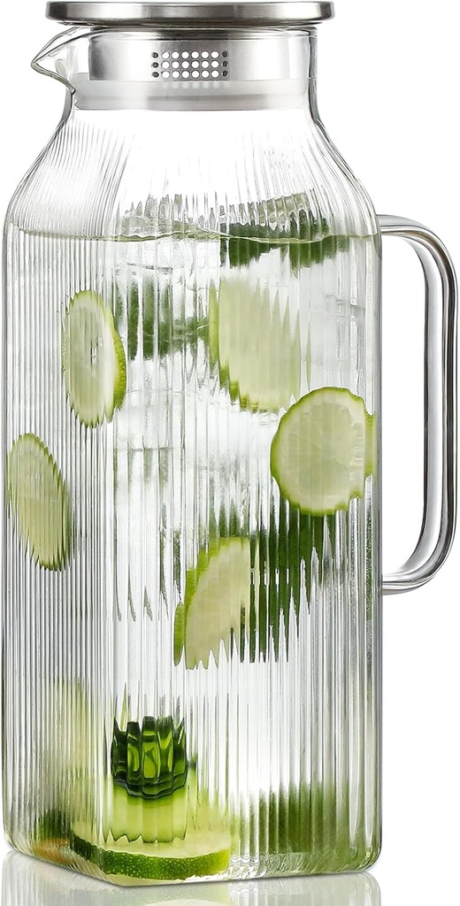 2 Liter/68 oz Square Glass Pitcher with Lid, Classic Stripes Water Pitchers with Handle for Fridge, Large Jug for Iced Tea, Coffee, Borosilicate Glass Carafe for Hot/Cold Brew Drink, Silver