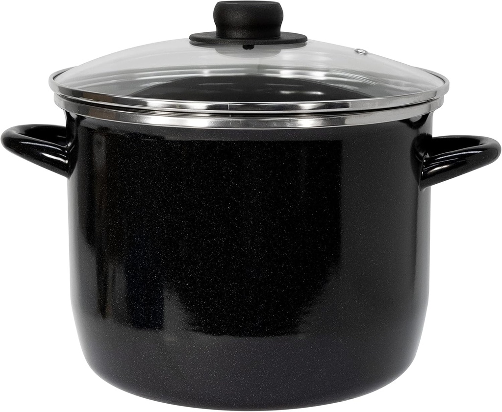 EKCO EOS 8-Quart Speckled Stockpot with Glass Lid (Black) Soup Pot for All Ranges, Dishwasher & Oven Safe up to 350°F - Non-Reactive Enameled Interior Pot for Gumbo, Stew, Boil, Pasta, Chili