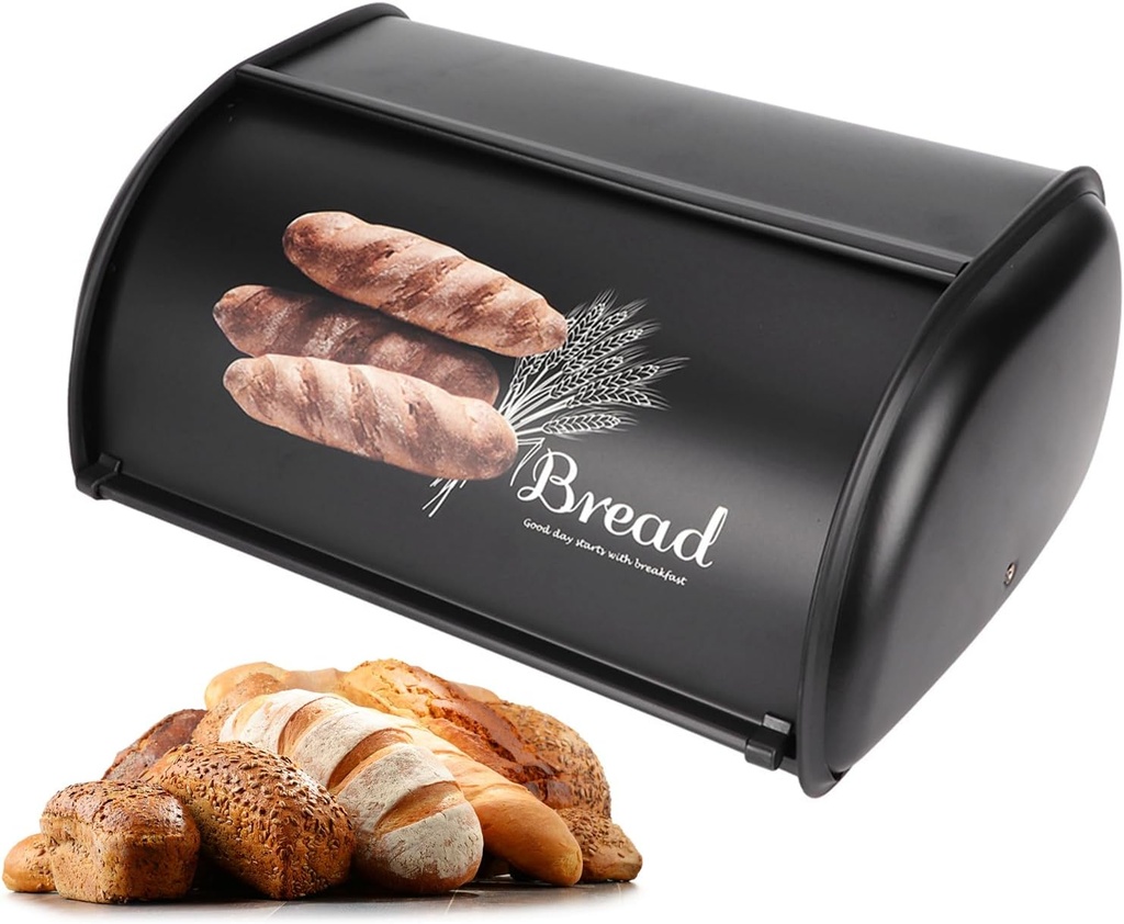 Bread Box Bread Holder Storage Container Large acity Stainless Steel Bread Bin Kitchen Organizer Kitchen Decor with Roll up Lid for Counter(Black)