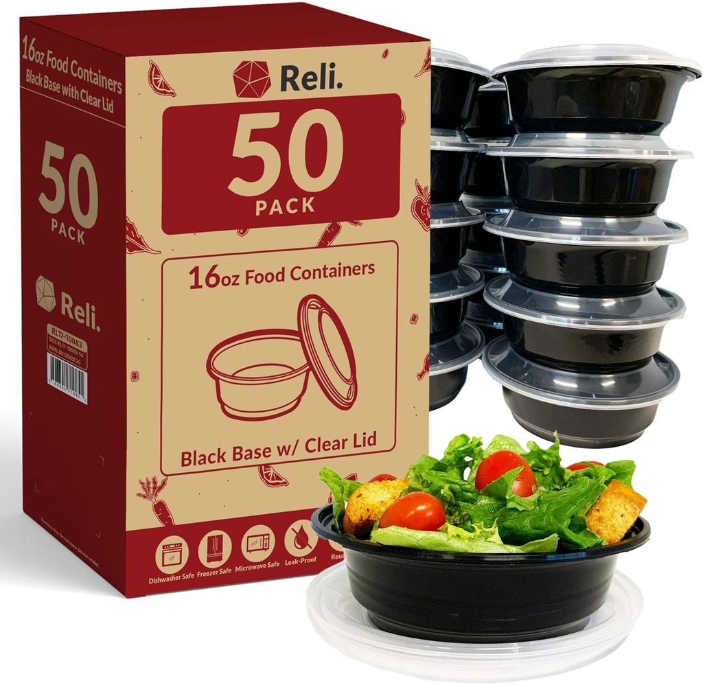 Reli. Meal Prep Bowls w/Lids - 50 Pack (16 oz) | Disposable Bowls with Lids | Microwave/Freezer Safe