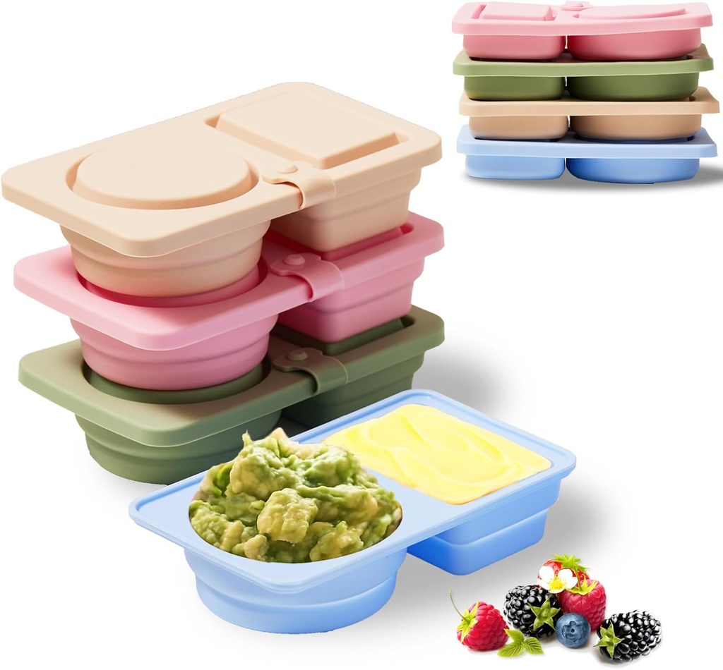4 Pack Silicone Snack Containers with Lids Reusable & Foldable Silicone Double Compartment Leakproof Food Storage Box for Salad Dressing, Sauces, Travel, Picnic, Office