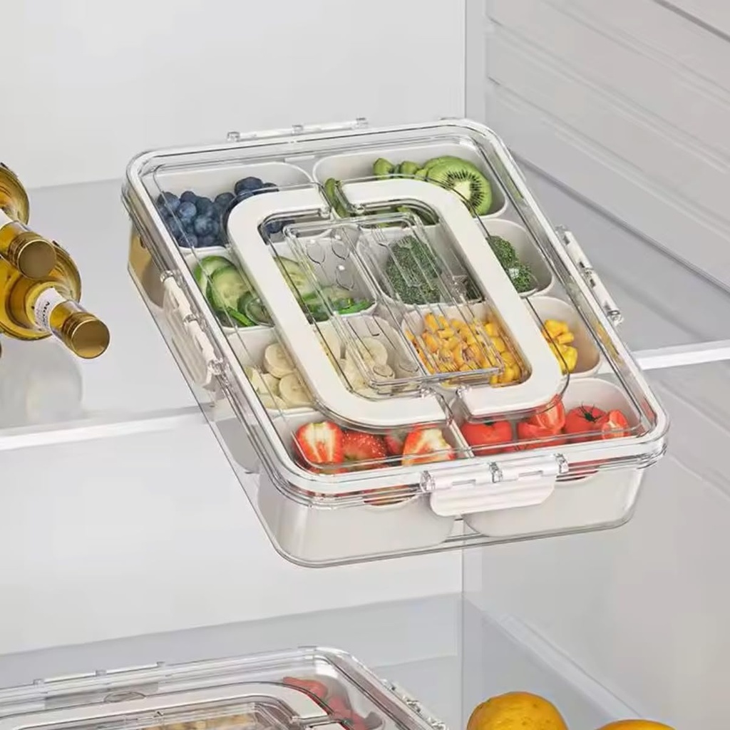 Snackle Box Divided Tray 8 Compartments with Knife, Fork, Lid, and Handle - Perfect Organizer for Veggie, Fruit, Candy, Nuts - Ideal for Picnics, Parties, Holidays, and Travel., Large, White