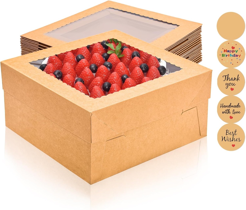 16Pcs 12x12x6 Inch Cake Boxes with Window, Brown Bakery Boxes, Cake Carrier Container for Pastries, Pie, Cookies, Chocolates, Cupcakes, Birthday Party, Wedding