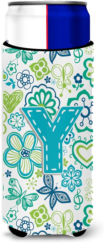 Letter Y Flowers and Butterflies Teal Blue Ultra Beverage Insulators for slim cans