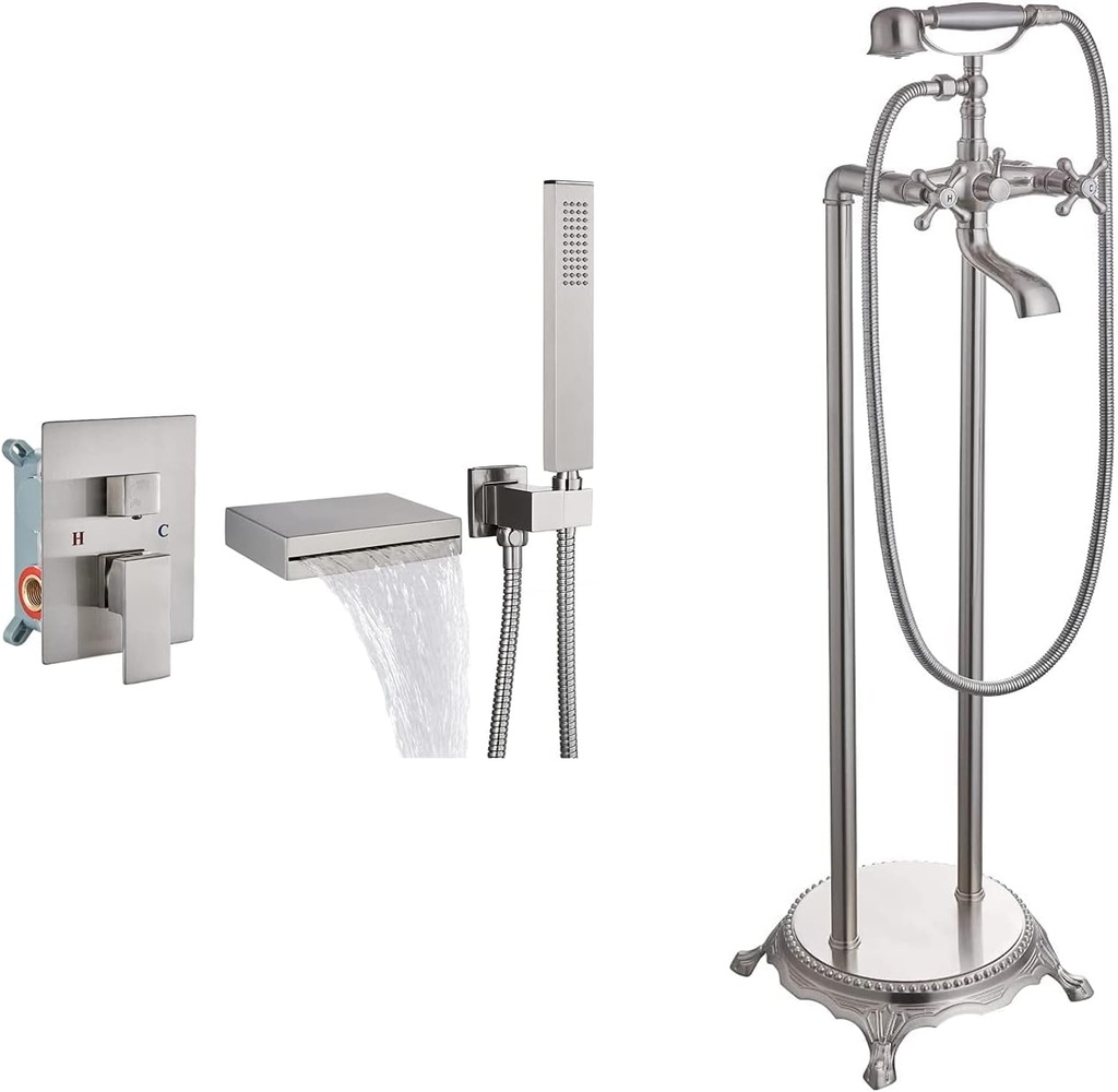Wall Mount Waterfall Tub Filler Spout with Handheld Shower Single Handle Bathtub Shower Faucet Set with Free standing Bathtub Faucet Floor Mount Tub Filler Double Cross Knobs