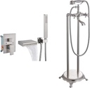 Wall Mount Waterfall Tub Filler Spout with Handheld Shower Single Handle Bathtub Shower Faucet Set with Free standing Bathtub Faucet Floor Mount Tub Filler Double Cross Knobs