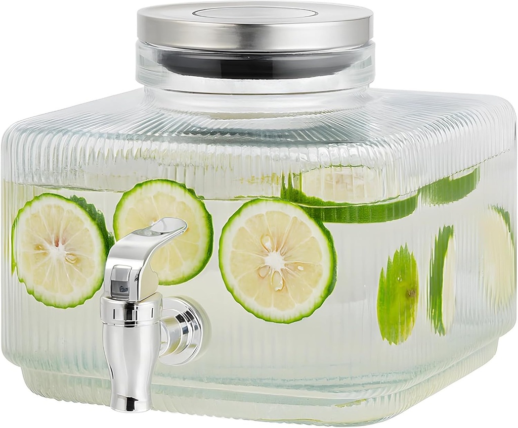 Drink Dispenser for Fridge, 101 Fl Oz Glass Beverage Container, Slim Juice Water Pitcher, Leak-Proof Spigot, Stainless Steel Lid, Perfect for Parties, Iced Tea