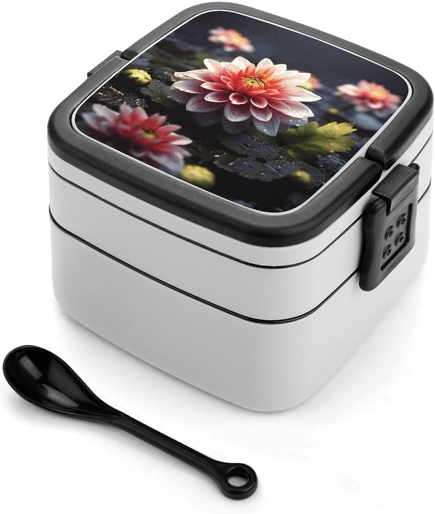 Adult Double-Layer Bento Box Flower Portable Lunch Box with Spoon And Invisible Handle Leakproof Microwave-Safe Food Container for Work Travel Camping