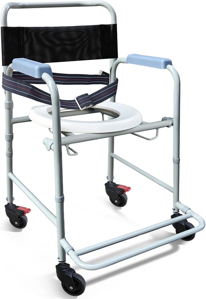 Aliseniors 3-in-1 Rolling Shower Chair with Wheels, Bedside Commode Transport Wheelchair, Waterproof Inside Bathroom & Toilet Chair for Handicap, Elderly, Injured or Disabled, 250 lbs