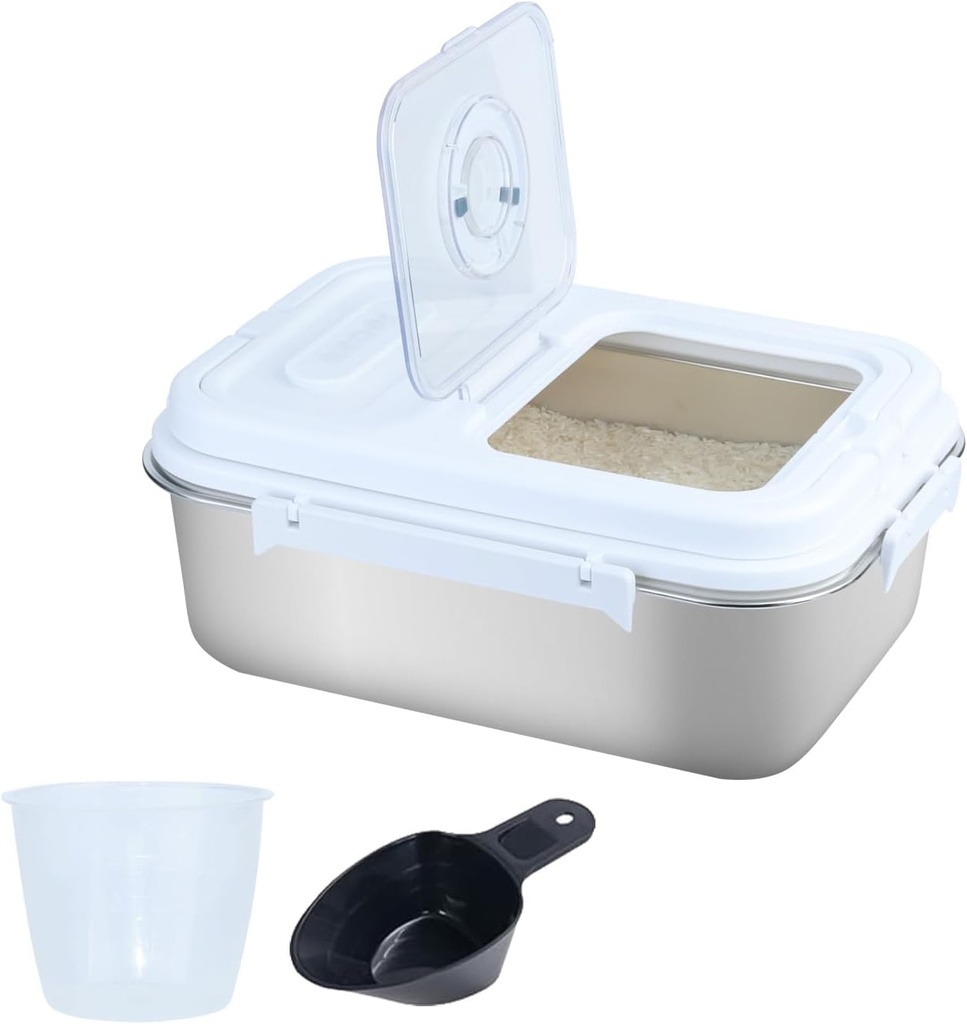 15Lbs Airtight Rice Container with Flip Lid, Stainless Steel Food Storage Container with Date Tracker, Measuring Cup and Spoon, 7.5L Portable Kitchen Pantry Bin for Flour Grain Sugar - Silver