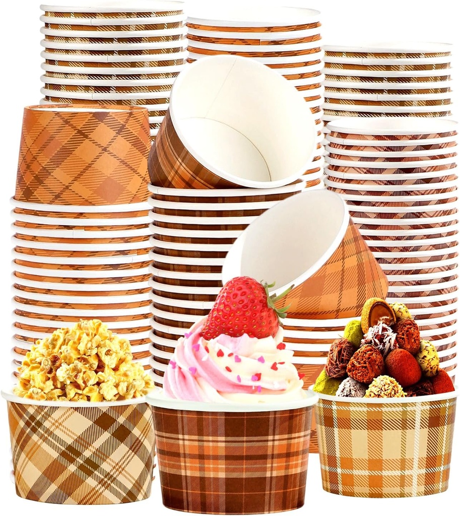 Grencian 120 PCS Fall Paper Cups 12 oz Thanksgiving Orange Brown Gingham Snack Bowls Disposable 4 Colors Dessert Cups for Fall Thanksgiving Holiday Harvest Party Snacks Dessert Candies Party Supplies