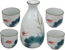 Ebros Gift Feng Shui 2 Swimming Koi Fishes In Zen Pond Glazed Porcelain Pottery Design Japanese Rice Wine Sake5 Piece Set Of 1 Tokkuri Serving Flask 10oz With 4 Ochoko Cups 2oz