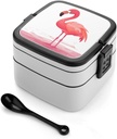 Cartoon Flamingo Bento Box for Adults Double Layer Lunch Box with Spoon And Invisible Handle Microwave Dishwasher Safe Leak Proof Meal Prep Lunch Containers for Office Picnic