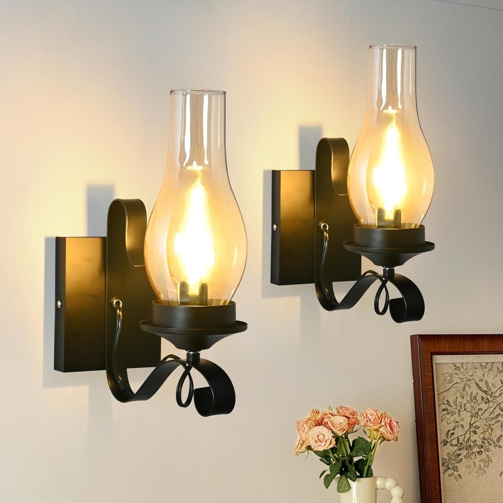 Rustic Wall Sconces Sets of 2, Black Hardwired Farmhouse Wall Sconce Indoor, Retro Wall Lamps with Amber Glass, Vintage Bedside Sconces Wall Lighting Lantern for Living Room Bathroom