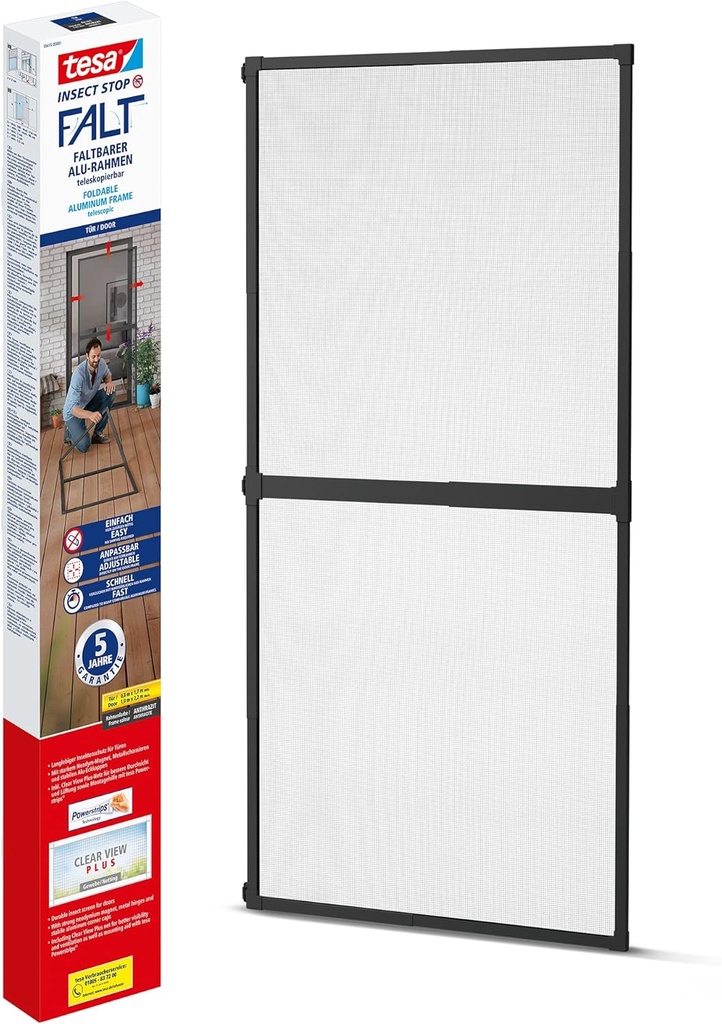 tesa Insect Stop FALT Door - Foldable Aluminium Frame with Fly Screen for Doors - with Adjustable Telescopic Frame - Anthracite - 80 cm x 170 cm to 100 cm x 220 cm