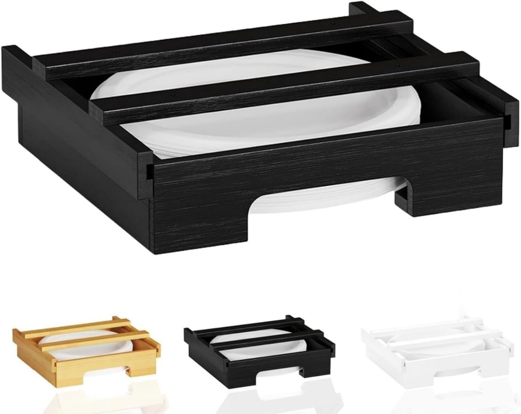 Bamboo Paper Plate Dispenser Under Cabinet，9-Inch Space Aid Paper Plate Holders: Durable Bamboo Design, Large Storage Capacity, Kitchen Counter Vertical Paper Plate Organizer (Black)
