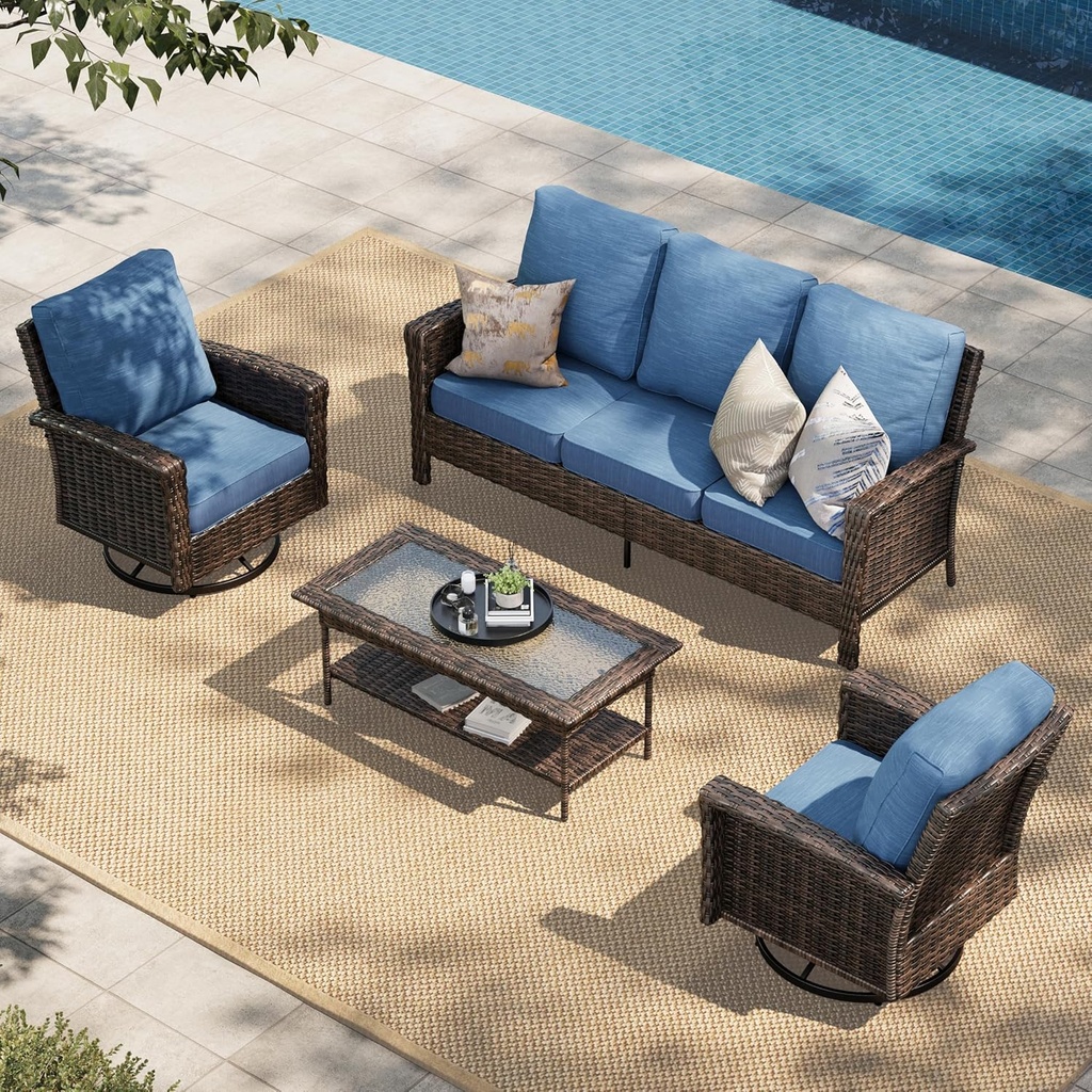 HERA'S HOUSE Outdoor Furniture with High Back Swivel Chairs, 4-Piece Patio Conversation Sets with 5.5" Thick Cushion, Deep Seating Wicker Rattan Sofa Set for Deck Lawn Deck Yard, Blue