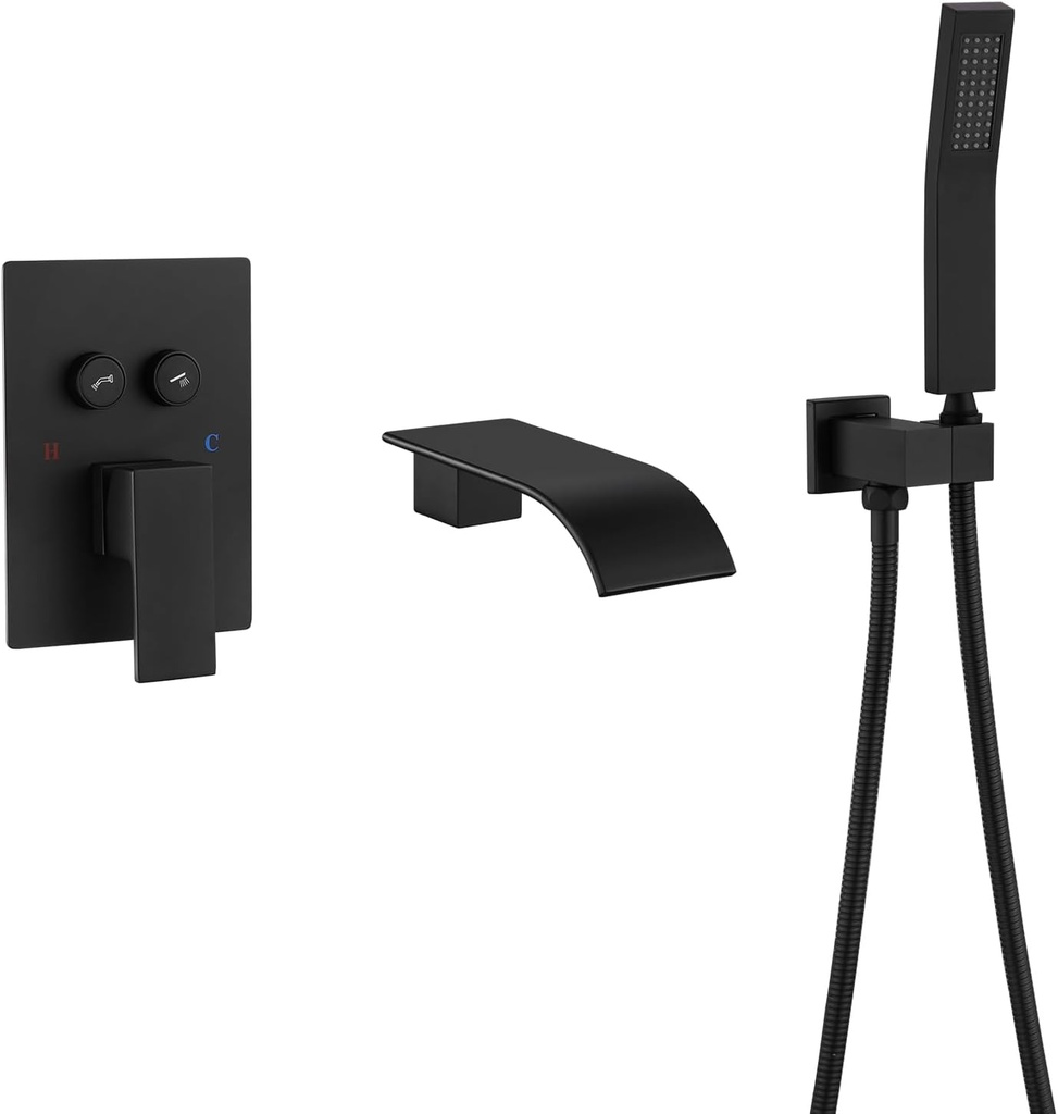Wall Mount Waterfall Tub Faucet with Hand Shower,Roman Bathtub Tub Filler shower faucet set with Run all/alone Control Push-Button Diverter Solid Brass Pressure Balance Valve,Matte Black