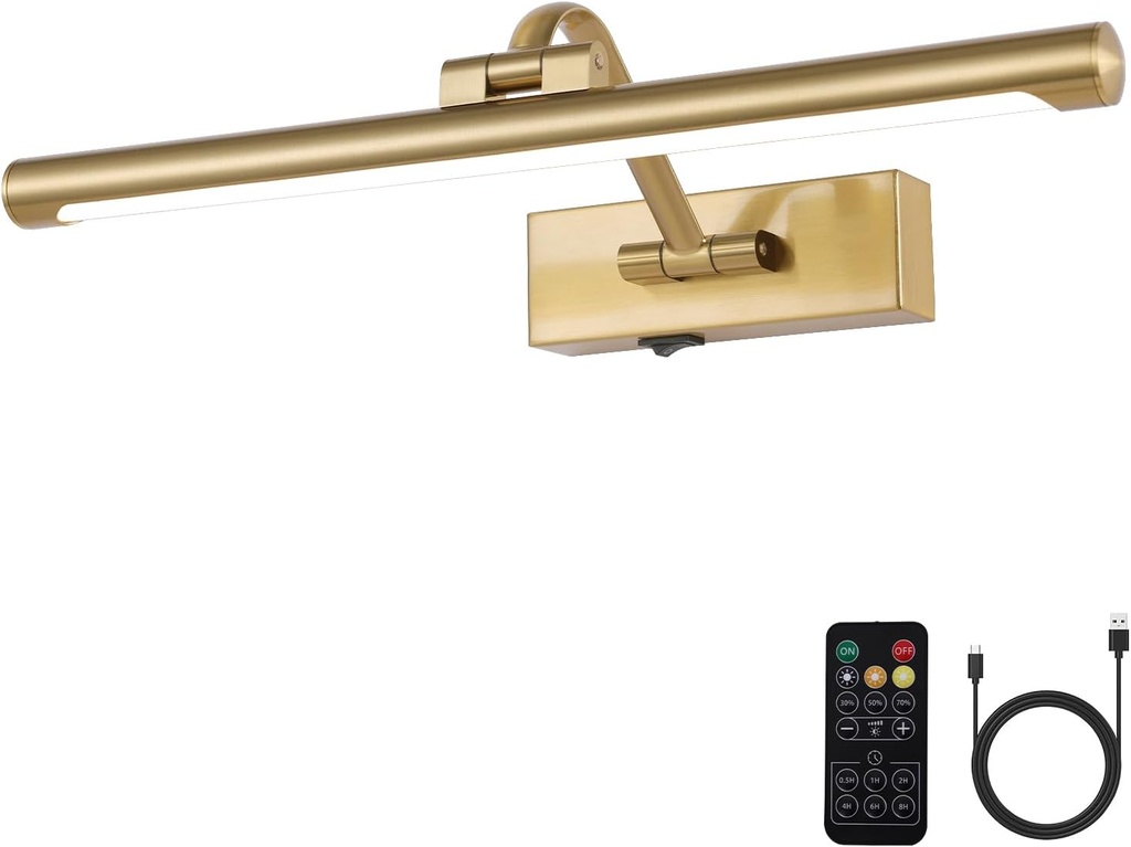 Wireless Picture Lights for Wall Battery Operated Brass Art Light for Paintings with Remote 3CCT Dimmable Potrait Lighting Rotatable Display Lighting 16" Rechargeable Wall Lamp for Frame Dartboard